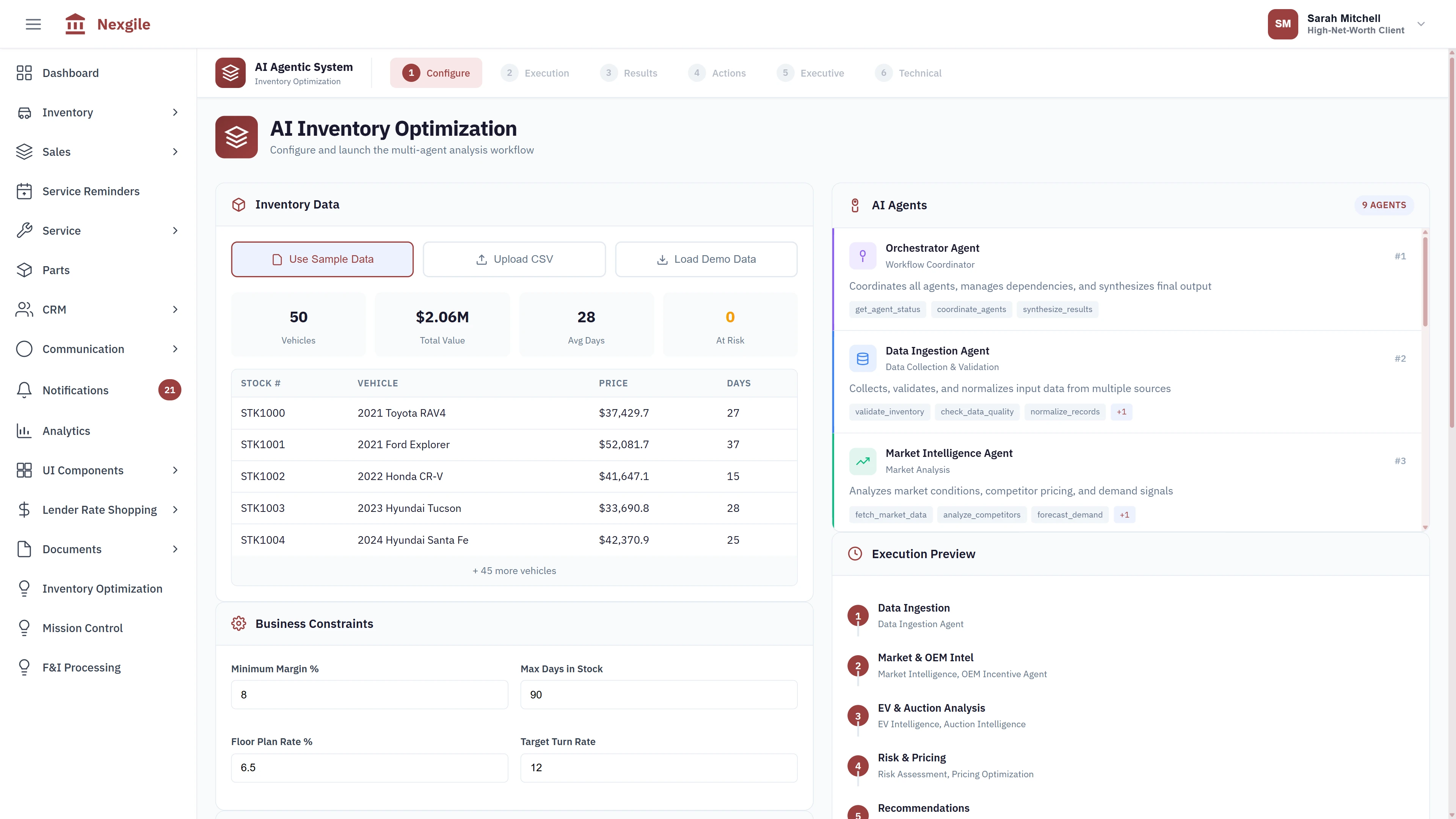 Inventory Optimization Configuration - Vehicle inventory data with pricing details, business constraints, and 9 AI agents ready for analysis
